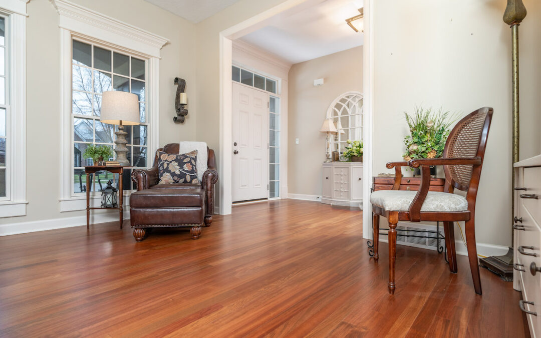 living room and entryway with hardwood flooring